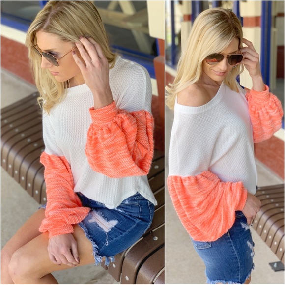 ✨LAST ONE✨Waffle knit ivory top  coral puff sleeve - Picture 3 of 4